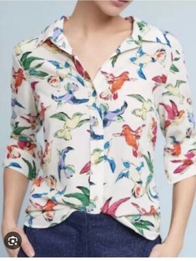 Anthropologie-Maeve Cream Blouse with Colorful Bird Print